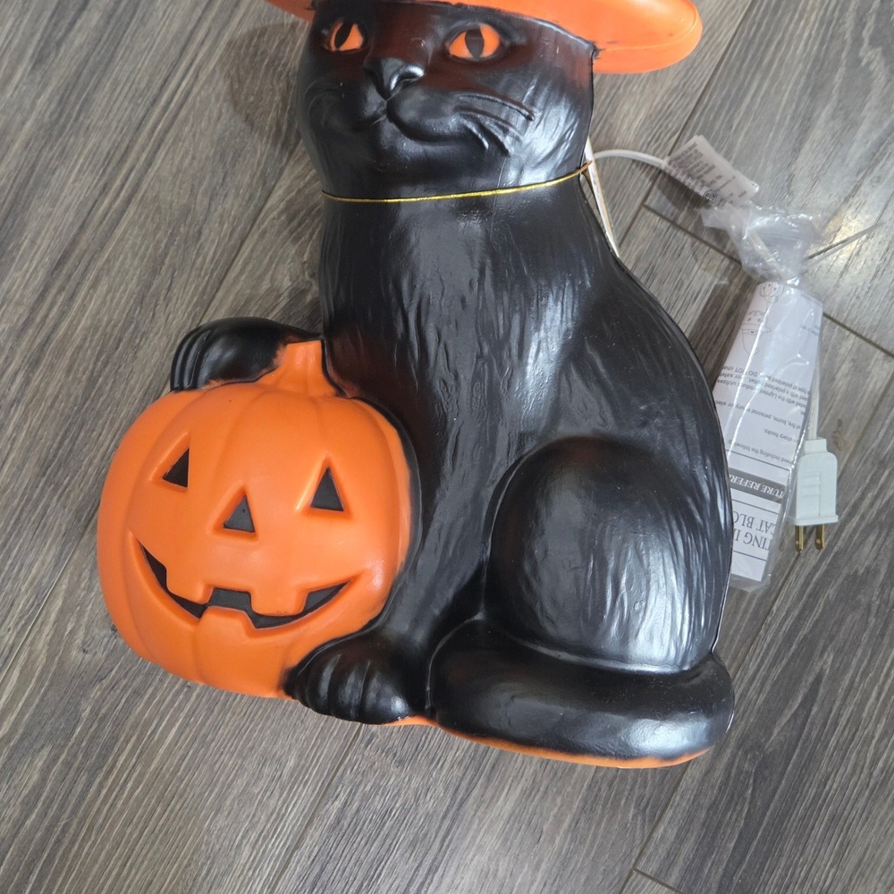 Black Cat Witch Hat Pumpkin Blow Mold 19in Plastic Orange Black Halloween Decor - Picture 4 of 7